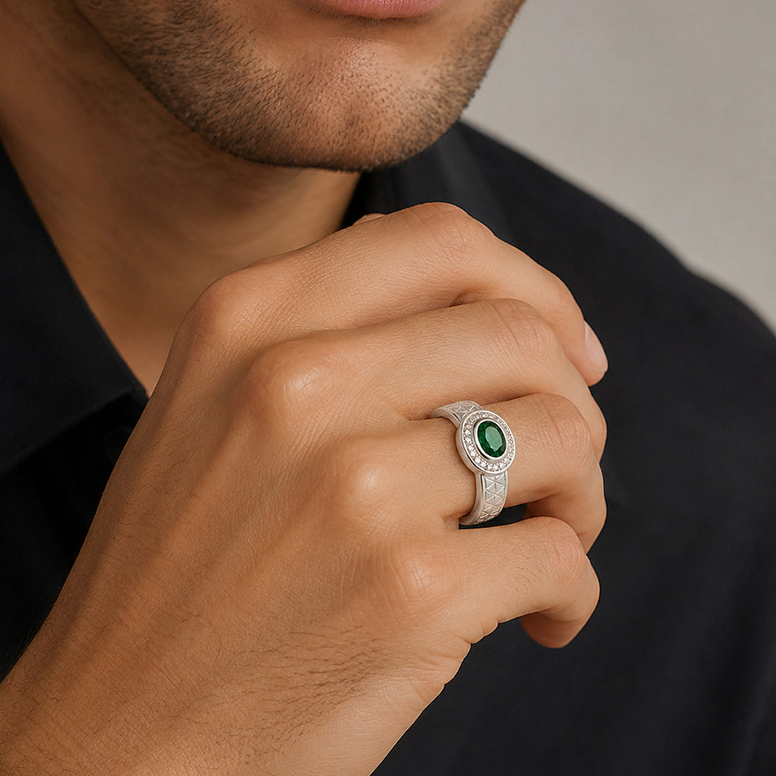 Classic Green Stone 925 Sterling Silver Oval Ring for Men