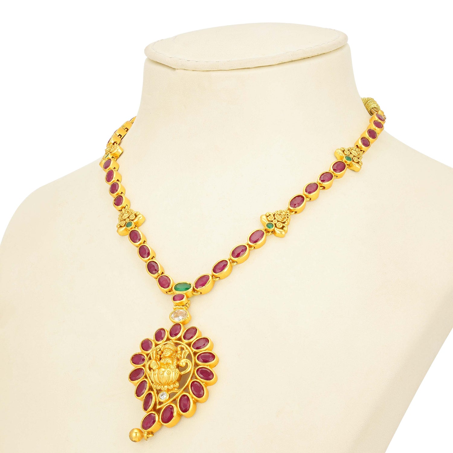 Classic Kempu Pink Stone Lakshmi 925 Sterling Silver Gold Drop Short Haram for Women