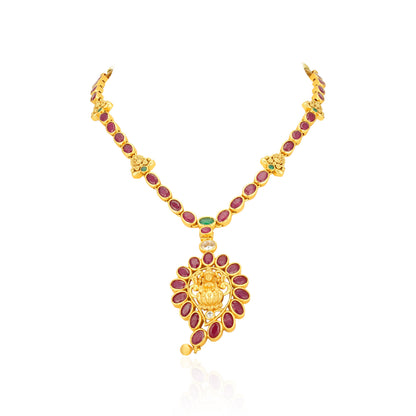 Classic Kempu Pink Stone Lakshmi 925 Sterling Silver Gold Drop Short Haram for Women