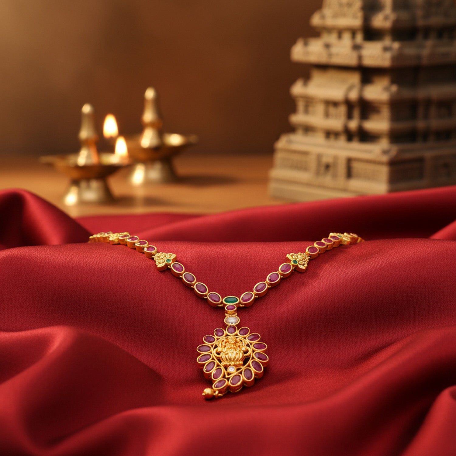 Classic Kempu Pink Stone Lakshmi 925 Sterling Silver Gold Drop Short Haram for Women