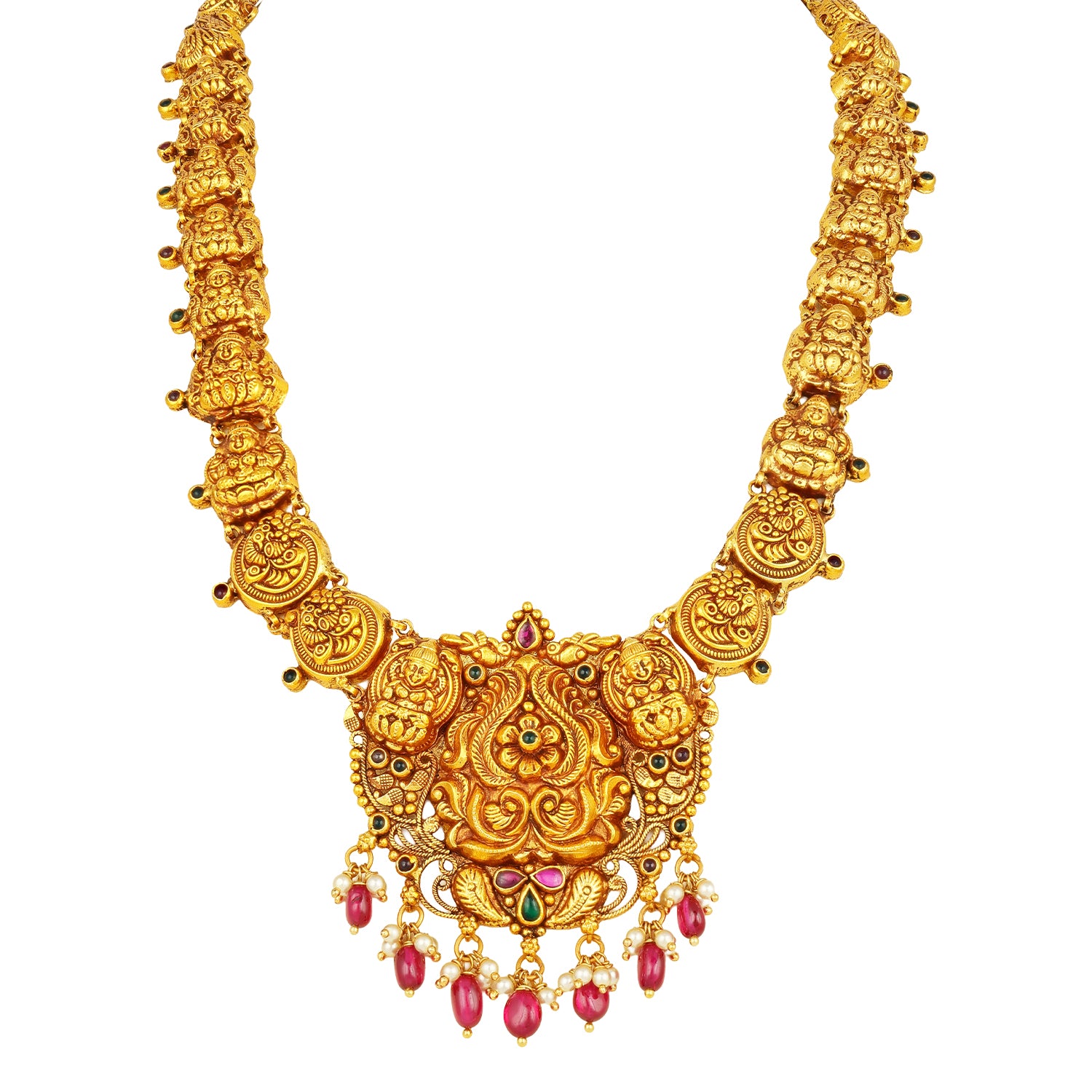 Classic Lakshmi Temple Peacock Cluster 925 Sterling Silver Pearl Pink Drop Haram for Women
