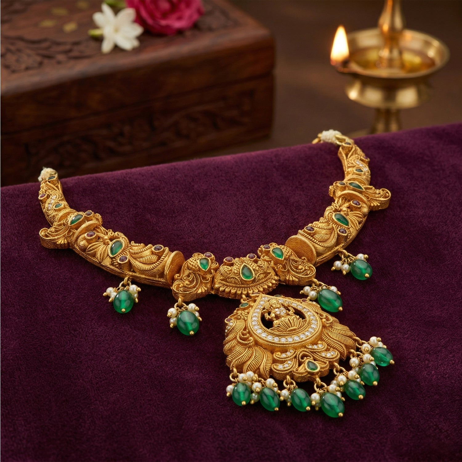 Classic Peacock Motif Goddess Lakshmi Drop 925 Sterling Silver Necklace for Women