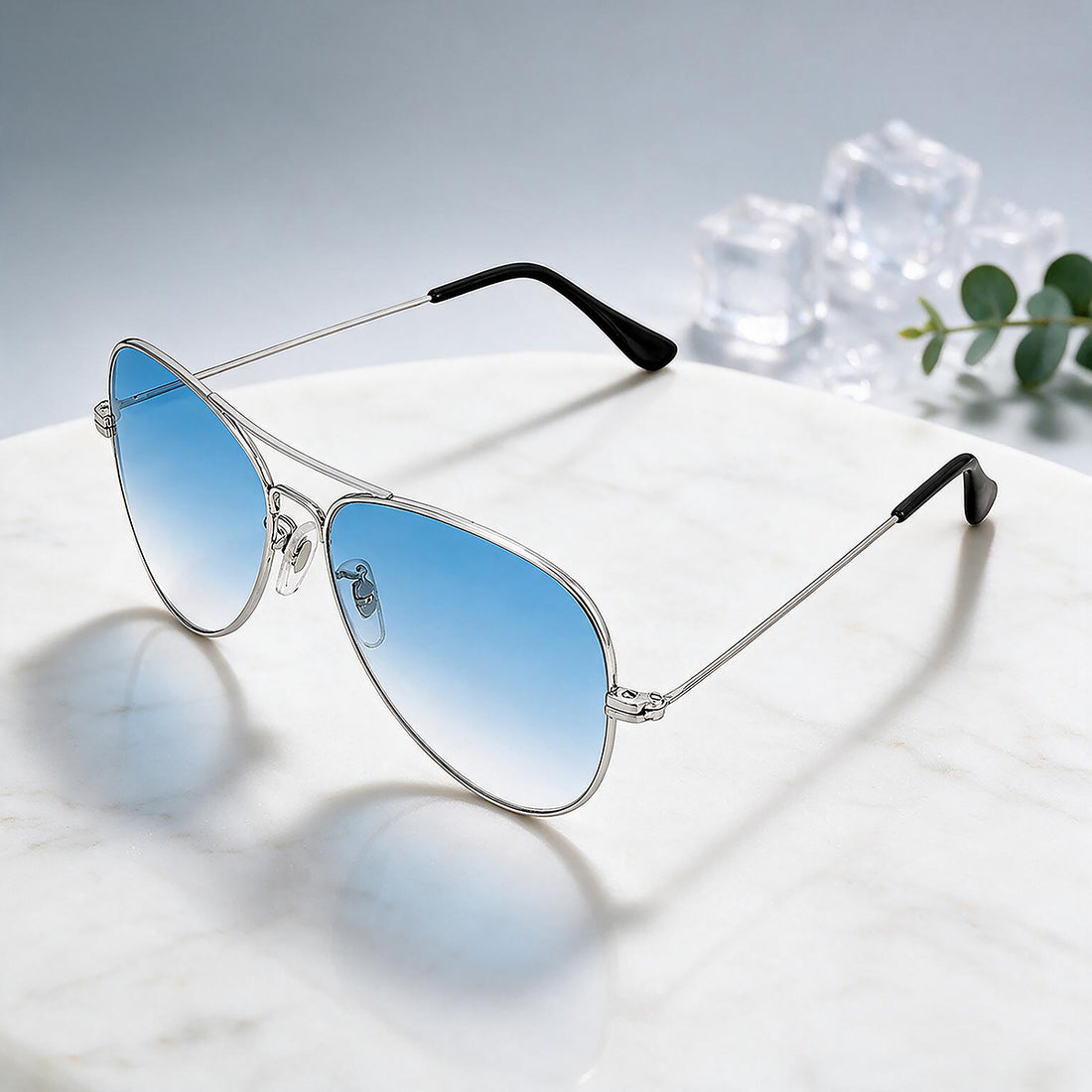 Classic Silver Aviator Sunglasses with Sky Blue Gradient Lenses