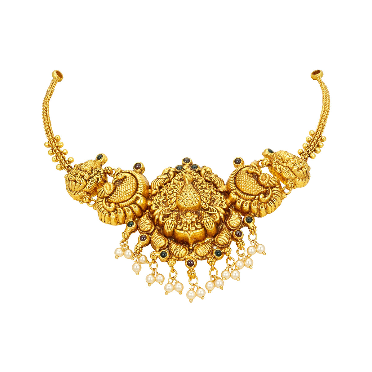 Classic South Indian Lakshmi Peacock Paisley Pattern Pearl Drop 925 Sterling Silver Gold Plated Necklace for Women