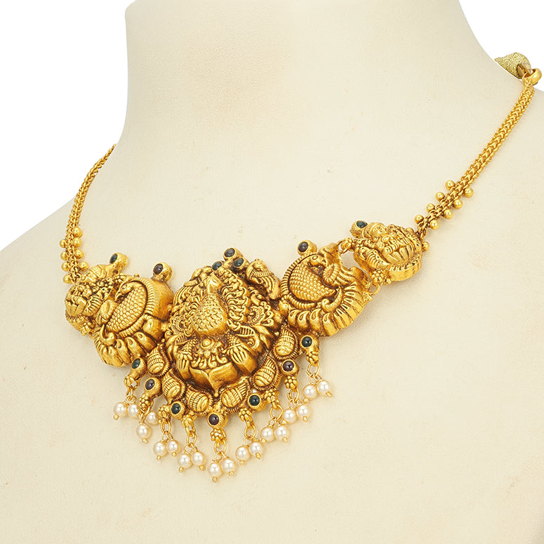Classic South Indian Lakshmi Peacock Paisley Pattern Pearl Drop 925 Sterling Silver Gold Plated Necklace for Women