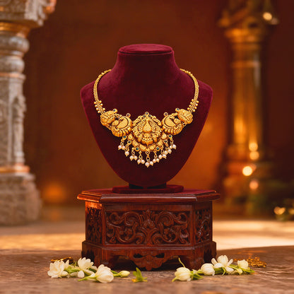 Classic South Indian Lakshmi Peacock Paisley Pattern Pearl Drop 925 Sterling Silver Gold Plated Necklace for Women