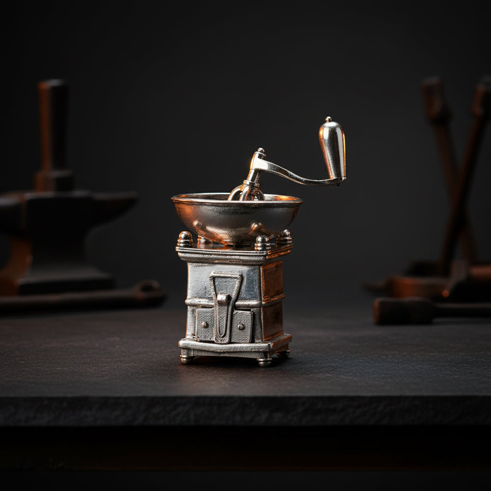 Vintage-style metal coffee grinder on a dark background
