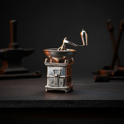 Vintage-style metal coffee grinder on a dark background