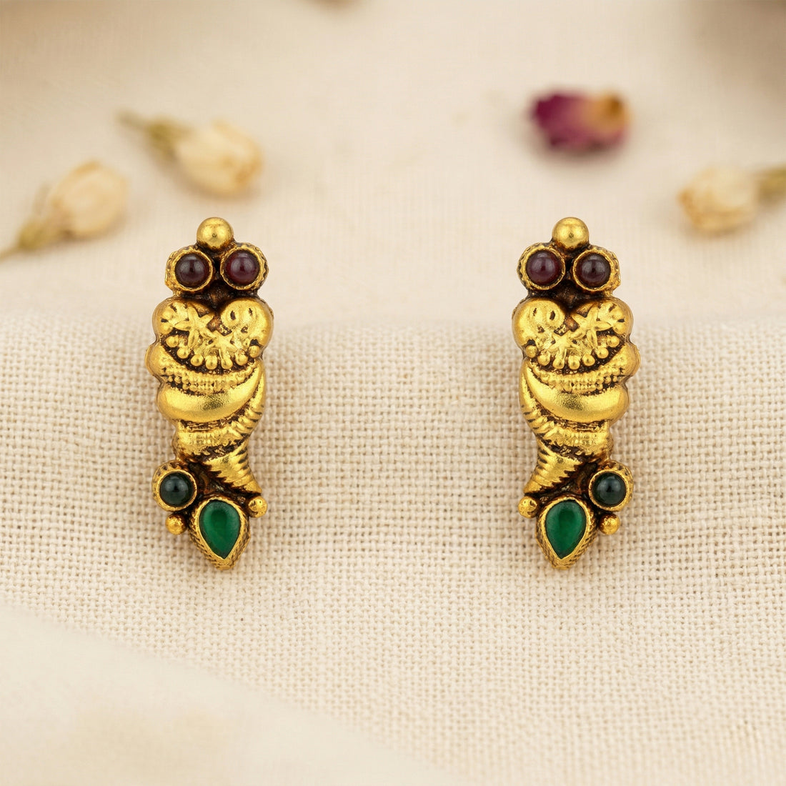 Classic Temple Style 925 Sterling Silver Red Green Stone Earring for Women