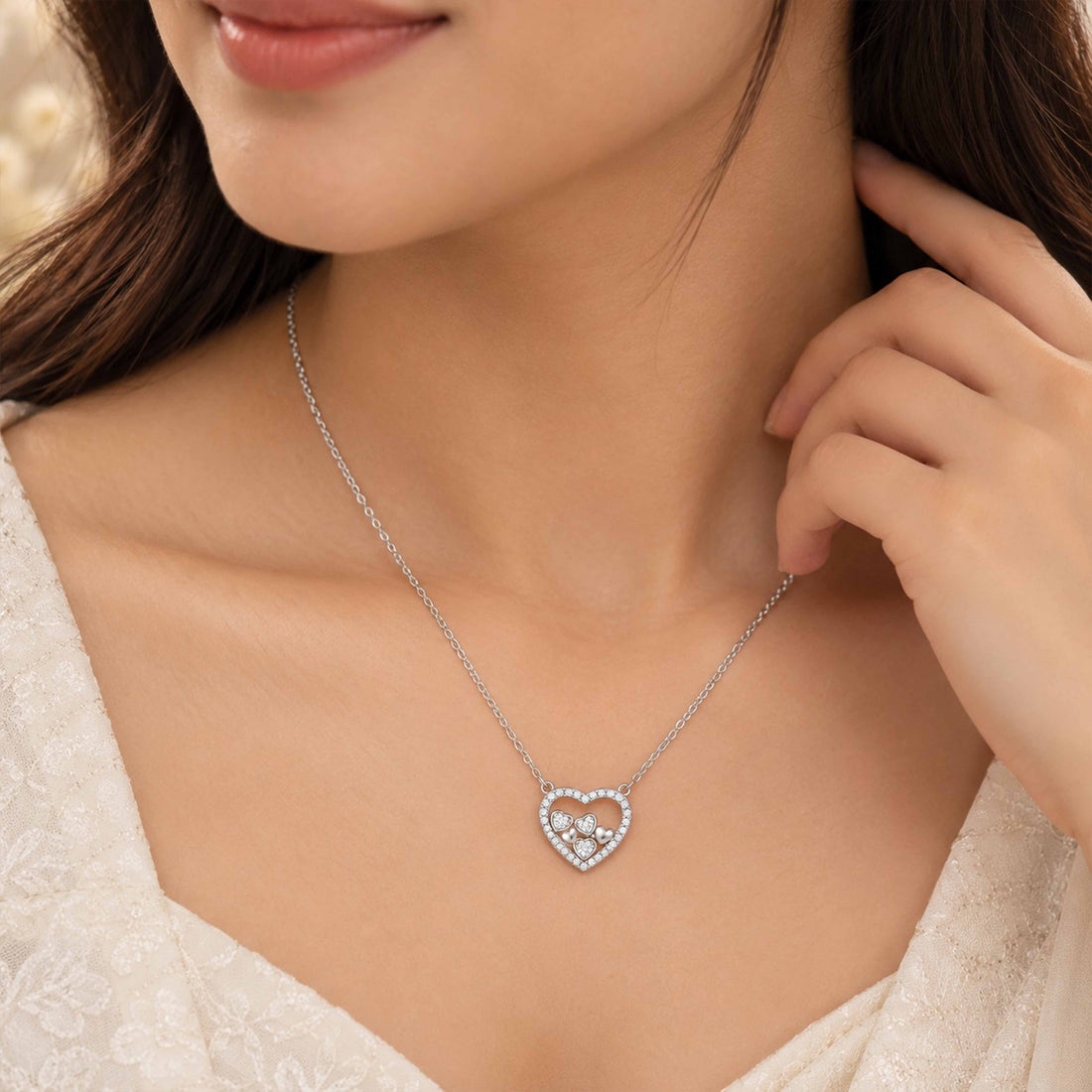 Cluster Floating Hearts Sterling Silver Chain Pendant