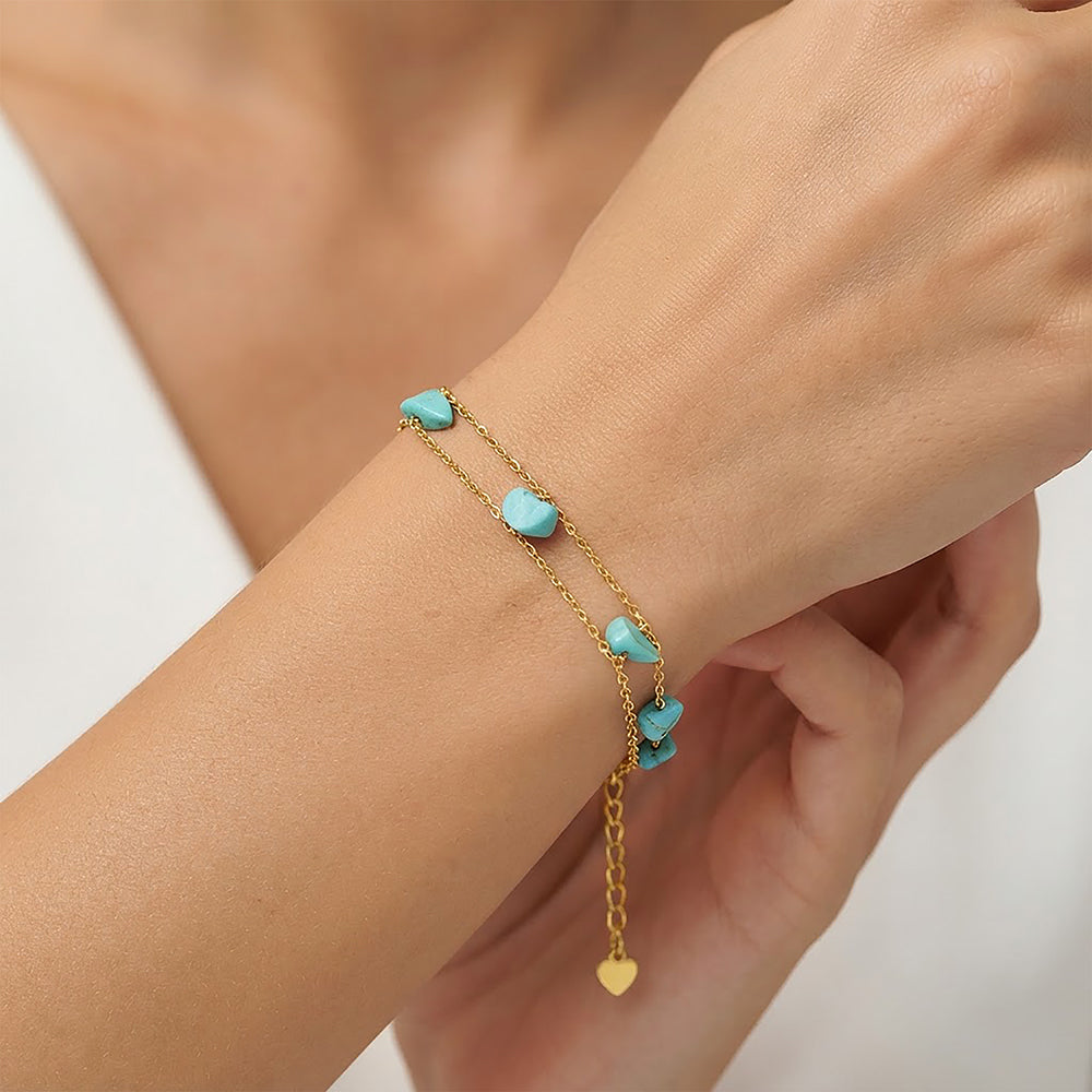 Coastal Turquoise Stone Golden Double Strand Bracelet