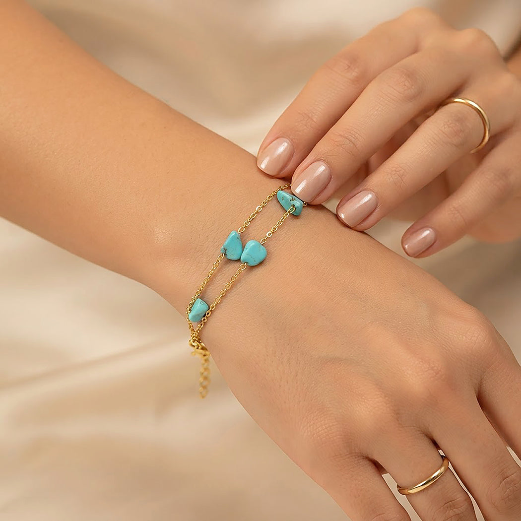 Coastal Turquoise Stone Golden Double Strand Designer Bracelet