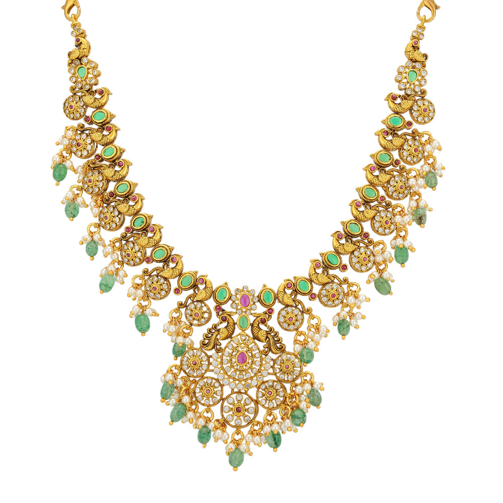 Complete Peacock Elegance 925 Green Pearls Droplet Neclace