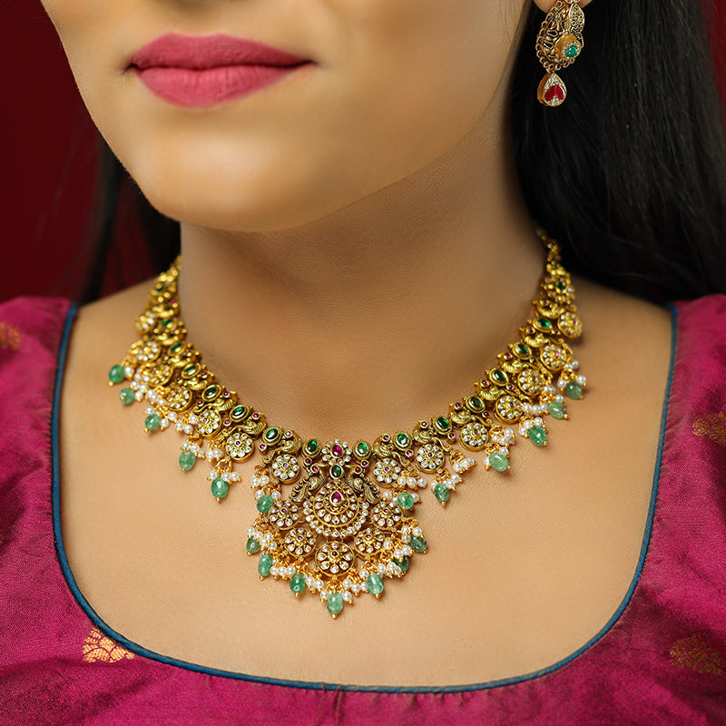 Complete Peacock Elegance 925 Green Pearls Droplet Neclace