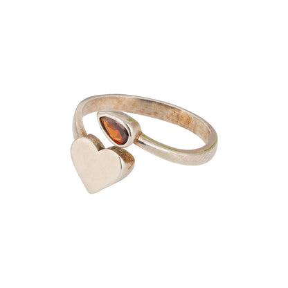 Contemporary Heart Silver Ring with Red Stone