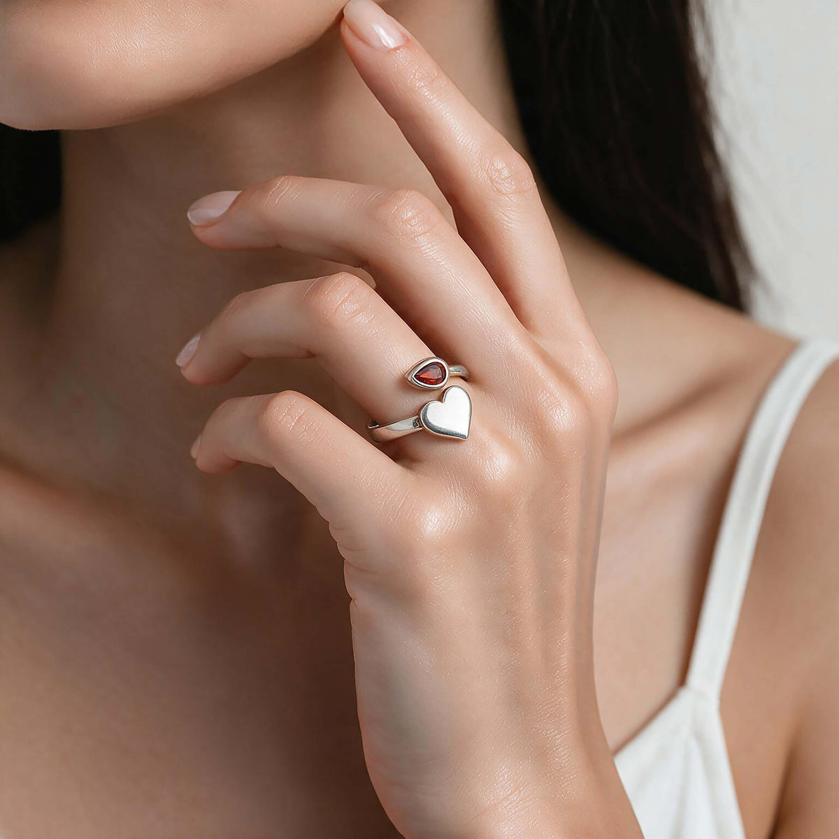 Contemporary Heart Silver Ring with Red Stone
