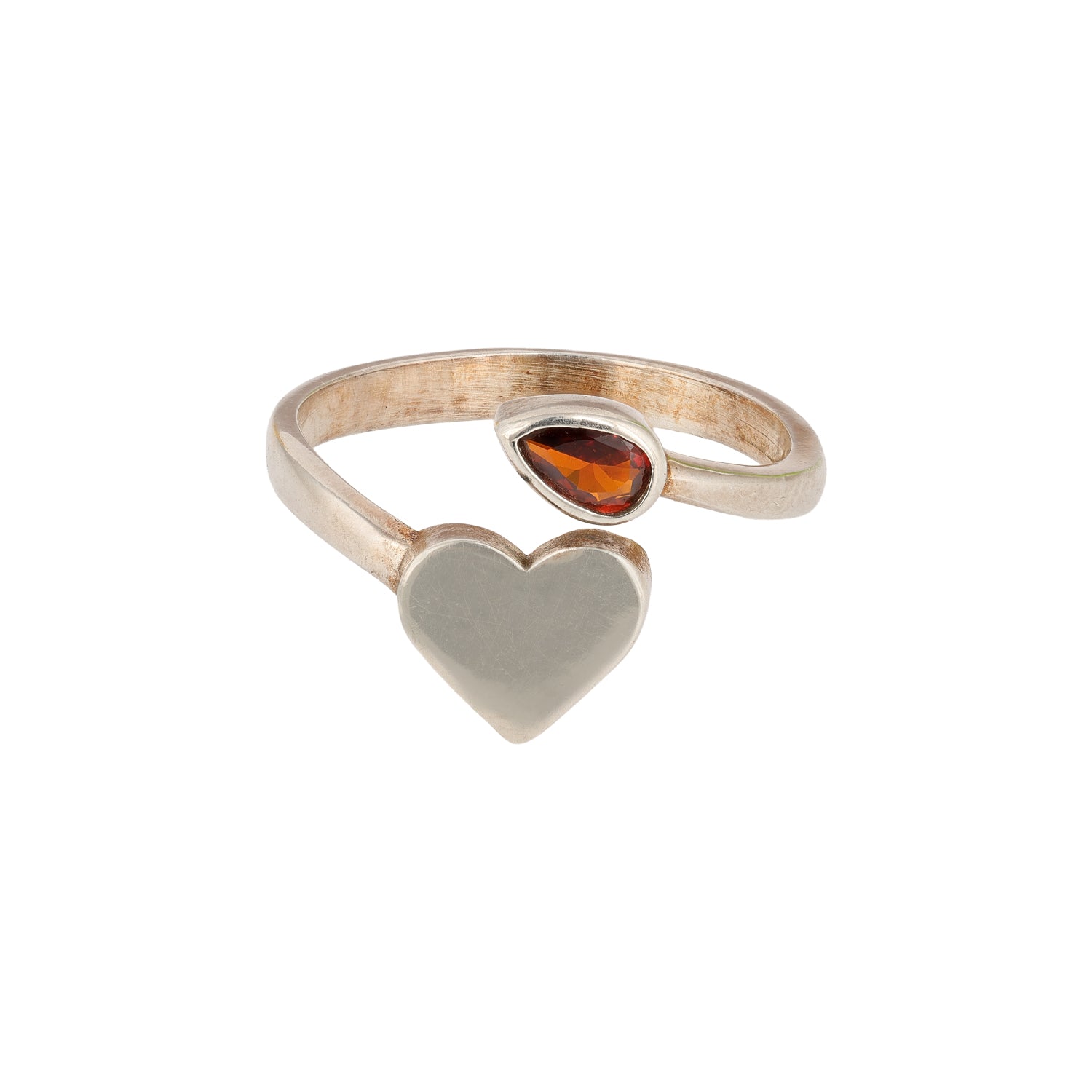 Contemporary Heart Silver Ring with Red Stone