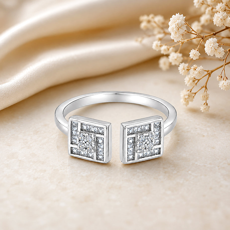 Contemporary Crystal Grid 925 Sterling Silver Open Ring