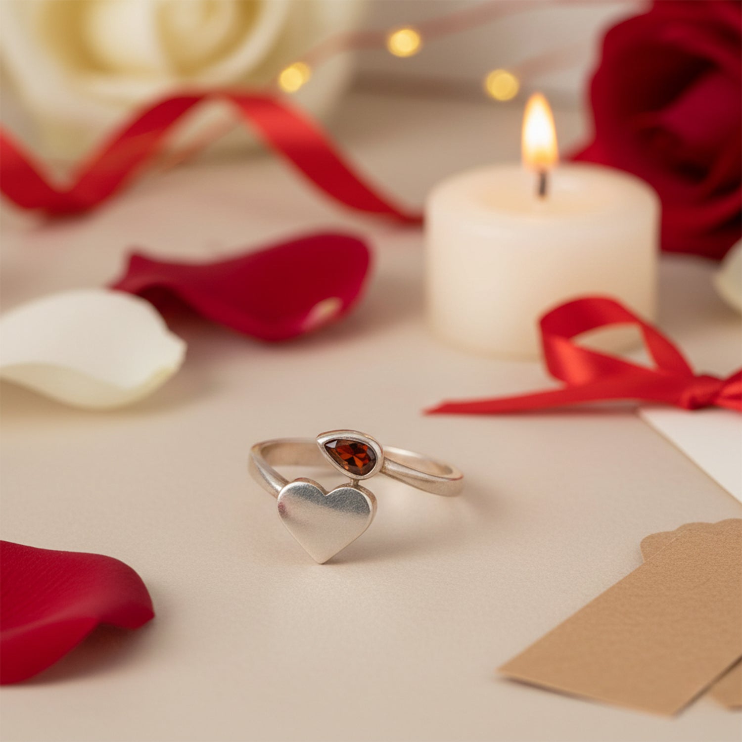 Contemporary Heart Silver Ring with Red Stone