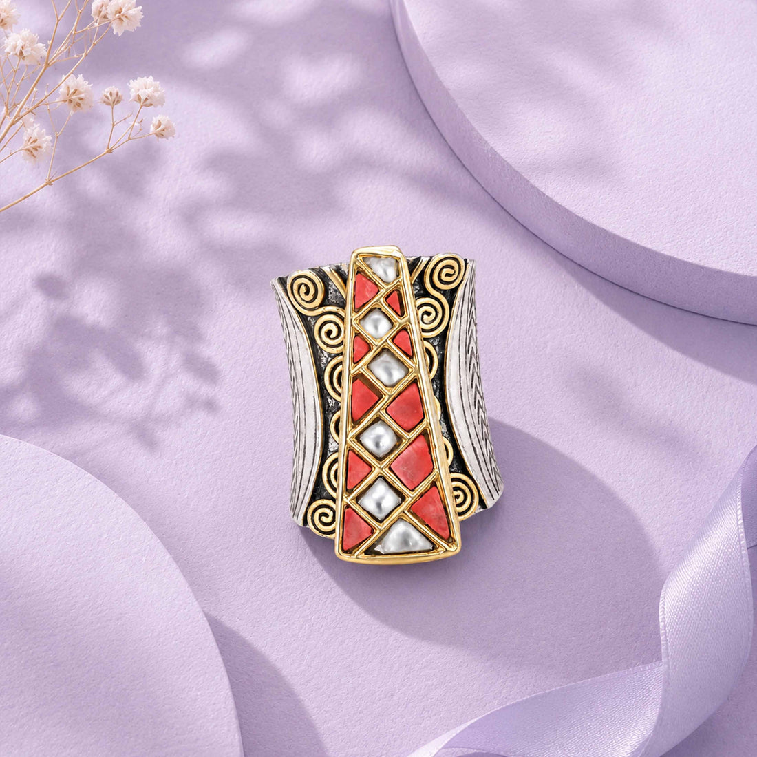 Coral Mosaic 925 Sterling Silver Statement Ring