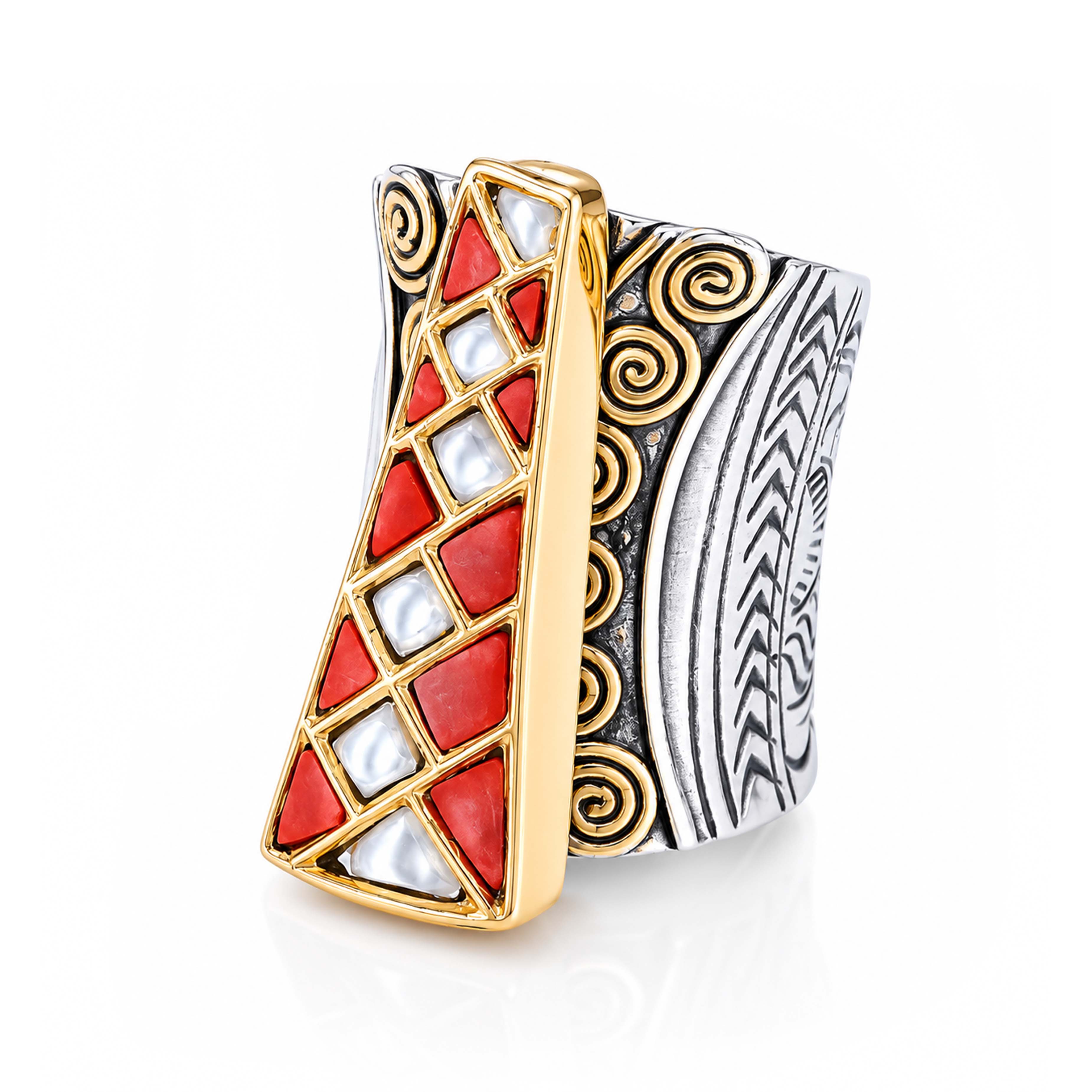 Coral Mosaic 925 Sterling Silver Statement Ring