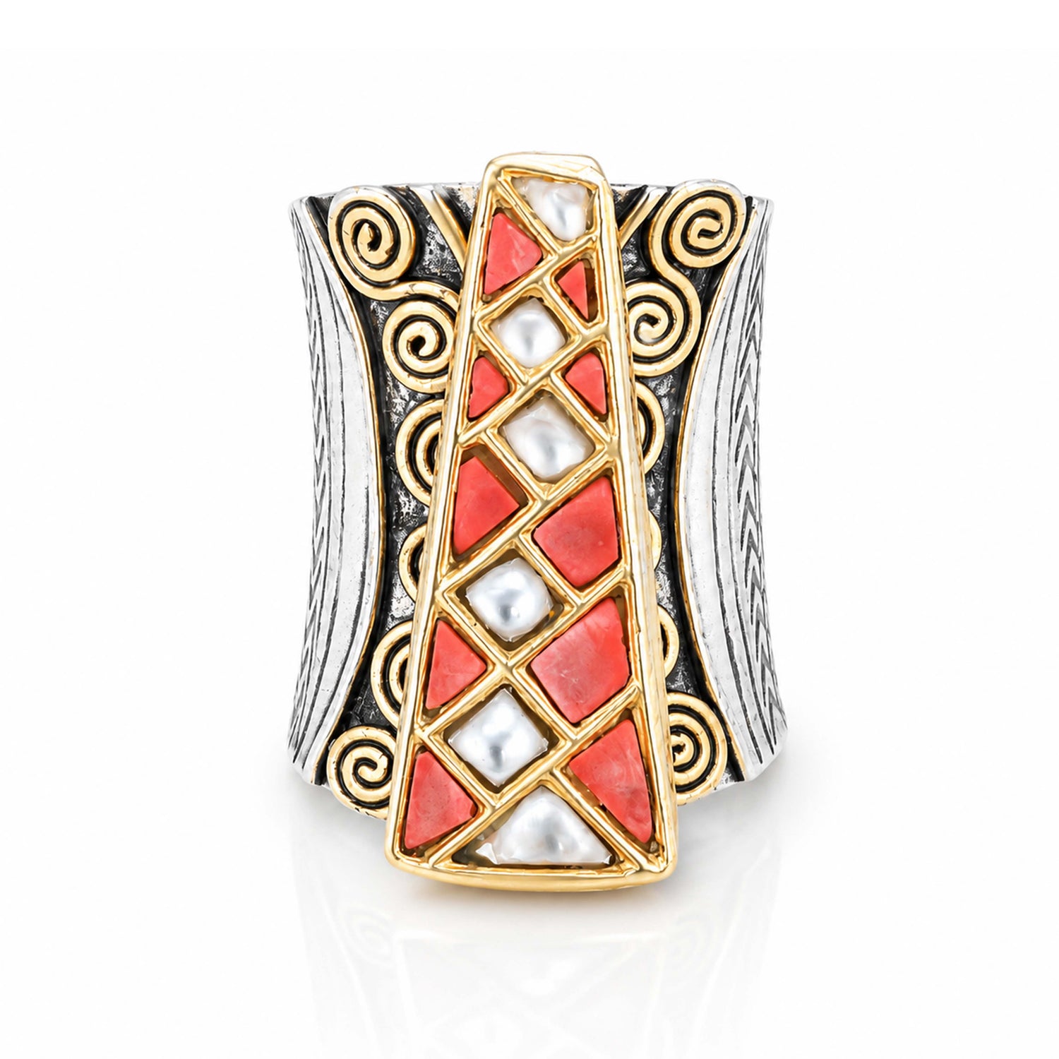 Coral Mosaic 925 Sterling Silver Statement Ring