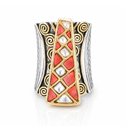 Coral Mosaic 925 Sterling Silver Statement Ring