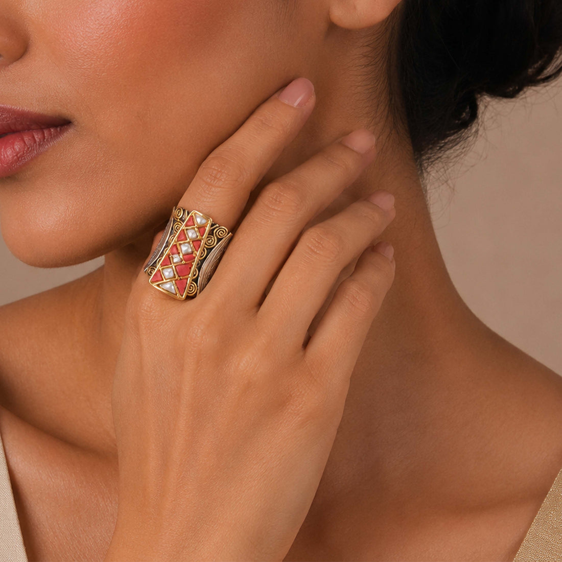 Coral Mosaic 925 Sterling Silver Statement Ring