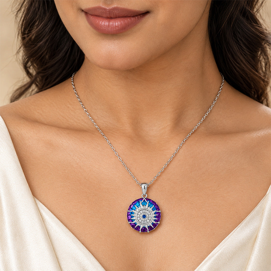 Cosmic Evil Eye Sun Medallion Sterling Silver Chain Pendant