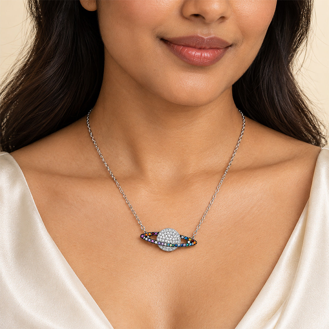 Cosmic Saturn Planet Sterling Silver Chain Pendant