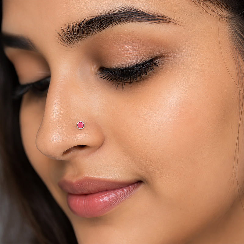 Crimson Blush Bezel Red Gemstone Silver Nose Pin