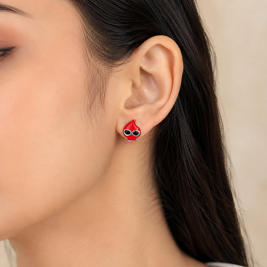 Crimson Ninja Flame Mascot Silver Earrings
