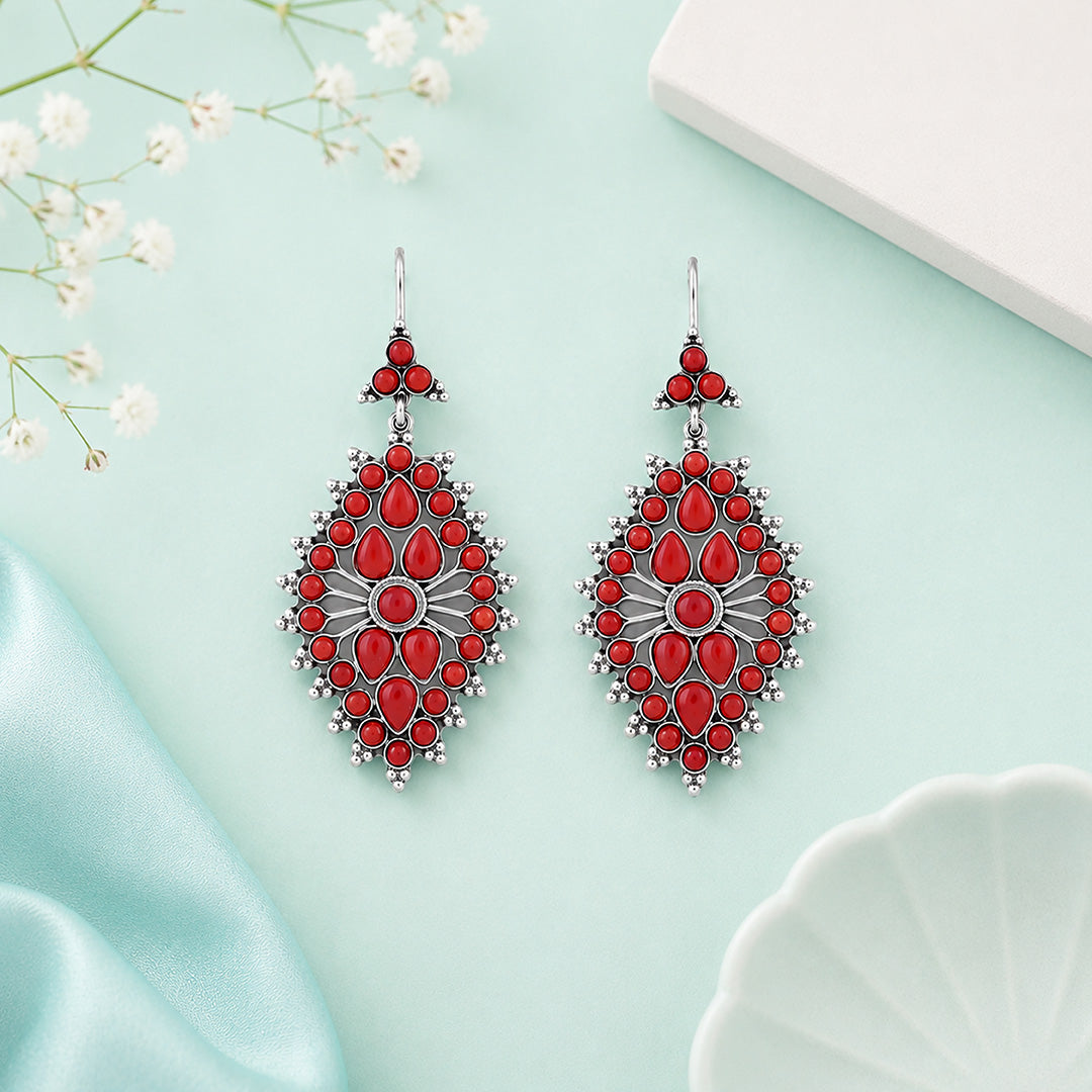 Crimson Coral Bloom 925 Sterling Silver Signature Earrings