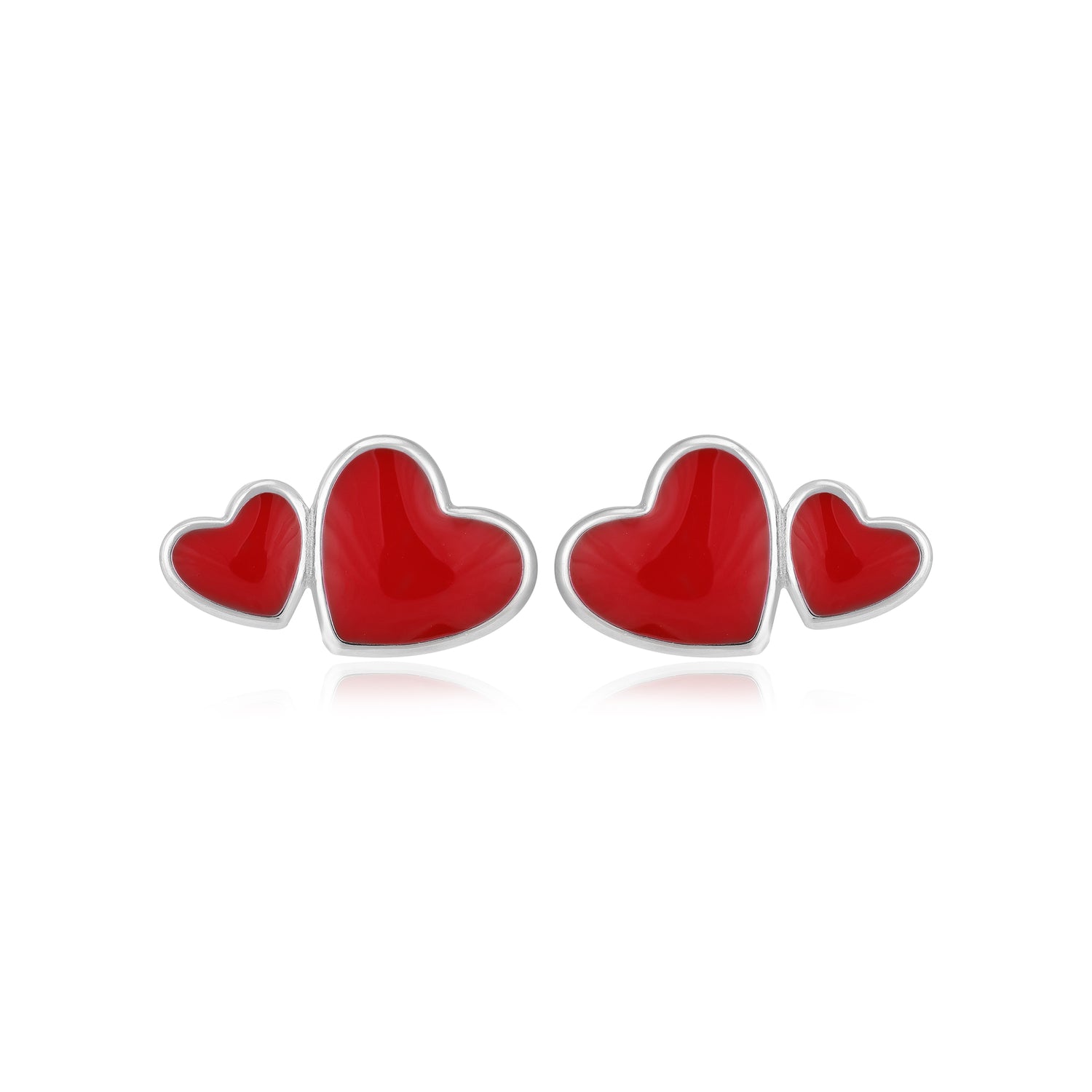 Crimson Love Rhodium Plated Dual Heart Studs