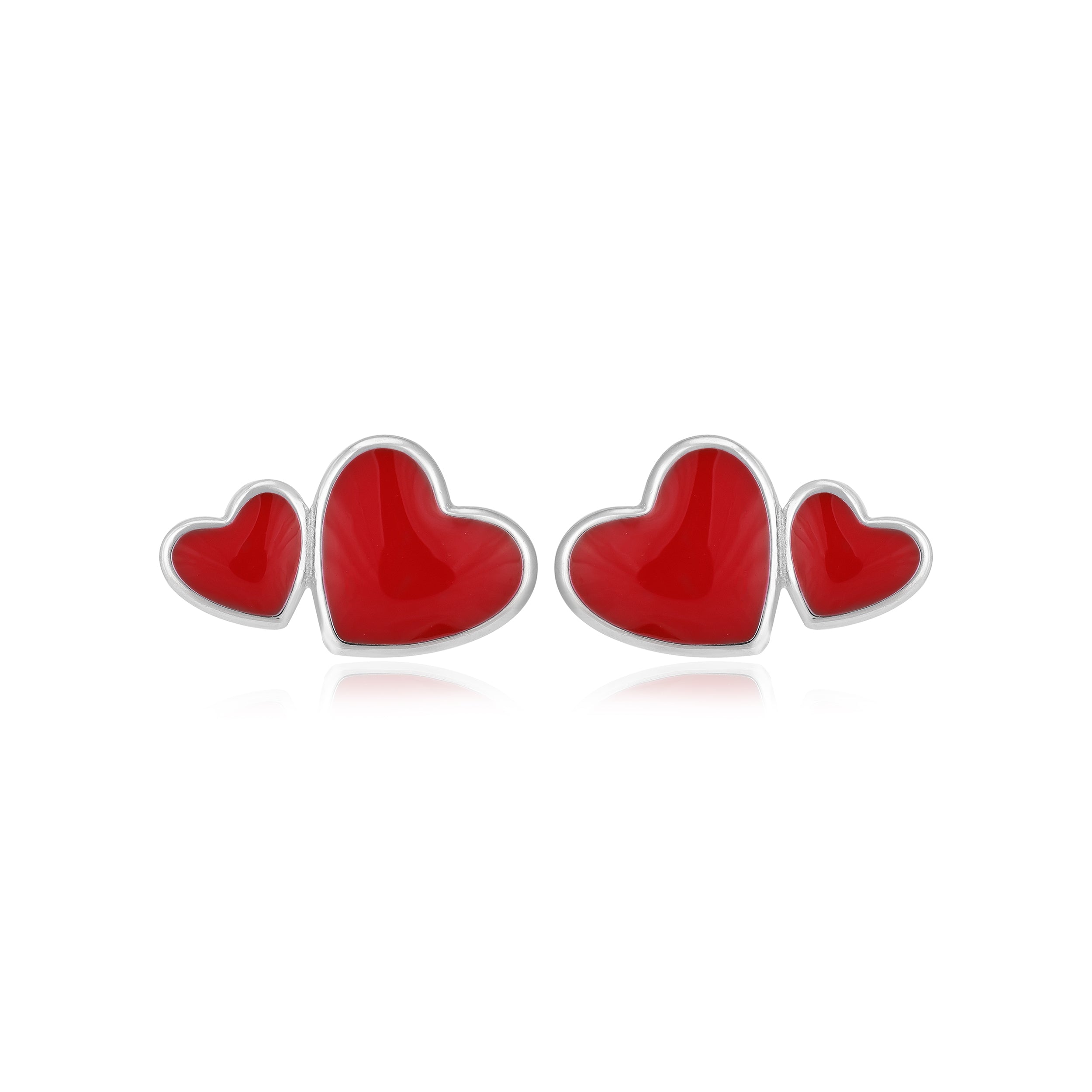 Crimson Love Rhodium Plated Dual Heart Studs