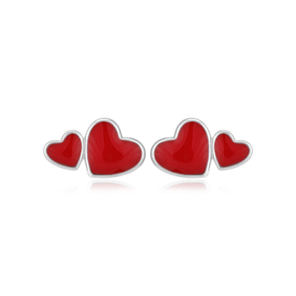 Crimson Love Rhodium Plated Dual Heart Studs