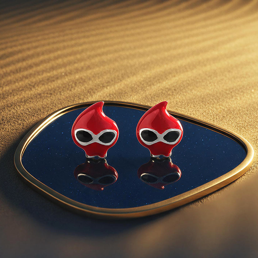 Crimson Ninja Flame Mascot Silver Earrings