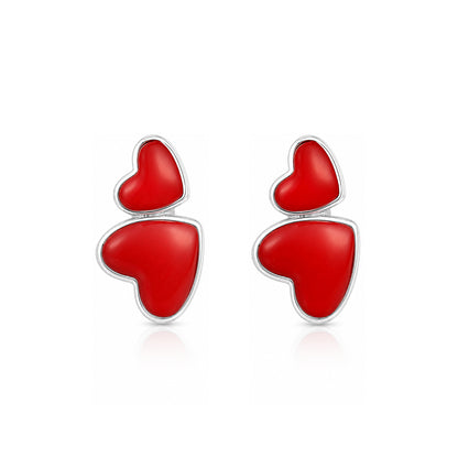 Crimson Twin Red Hearts 925 Sterling Silver Designer Earring