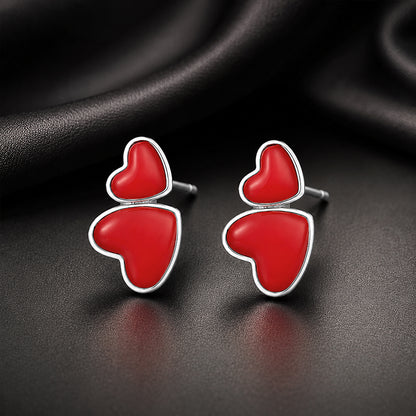 Crimson Twin Red Hearts 925 Sterling Silver Designer Earring