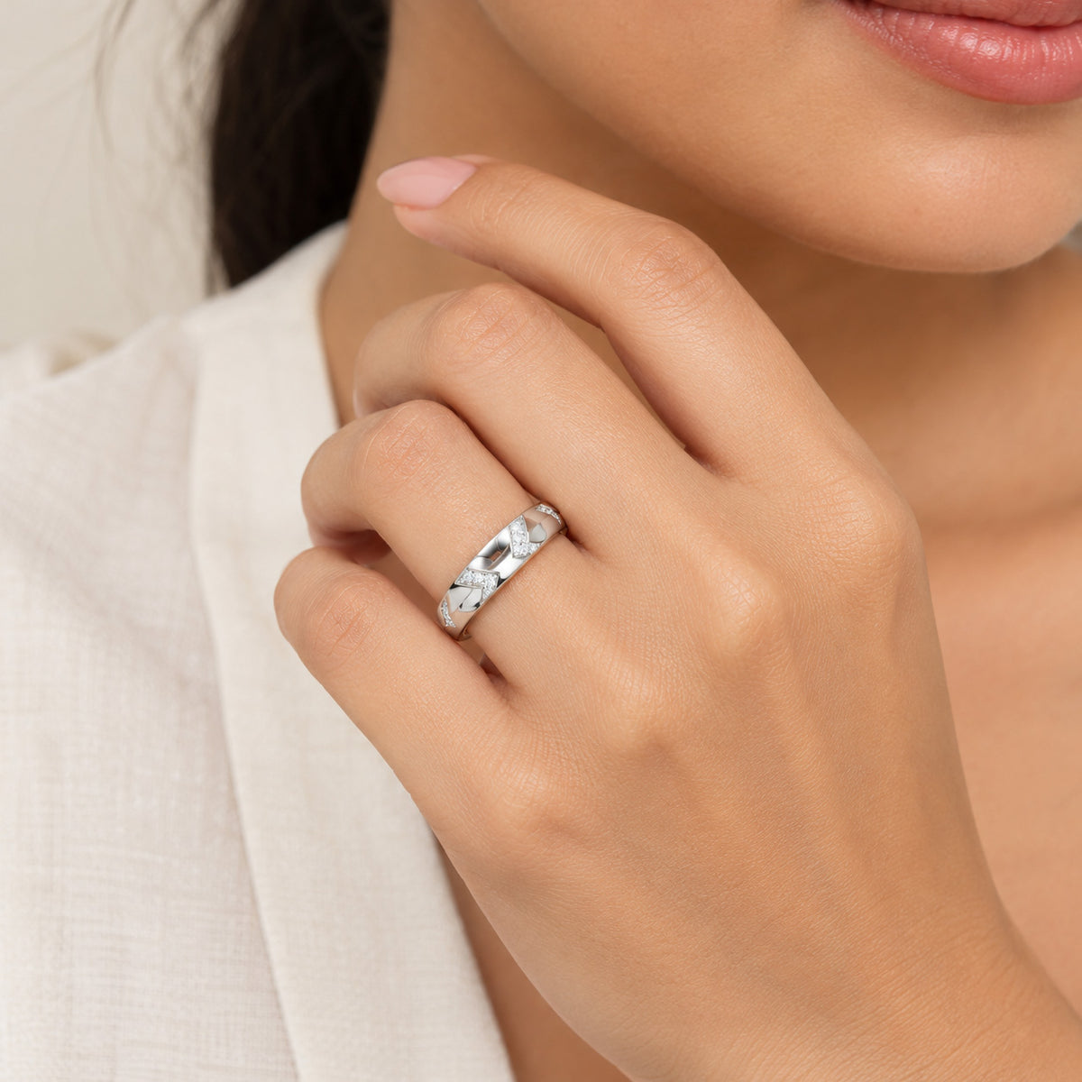Criss-Cross Pave Diamond Cut Sterling Silver Ring