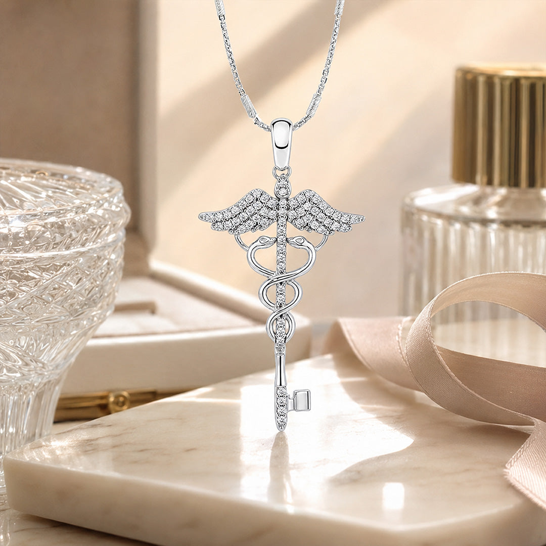 Crystal Caduceus Medical 925 Sterling Silver Pendant for Women
