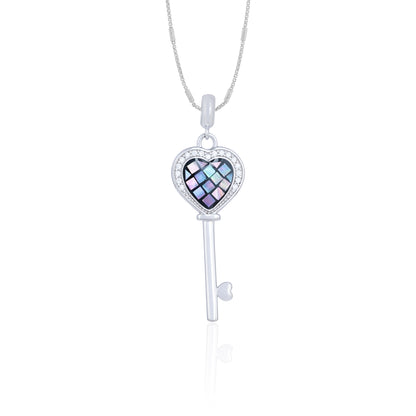 Heart-shaped key pendant with colorful heart design on a white background