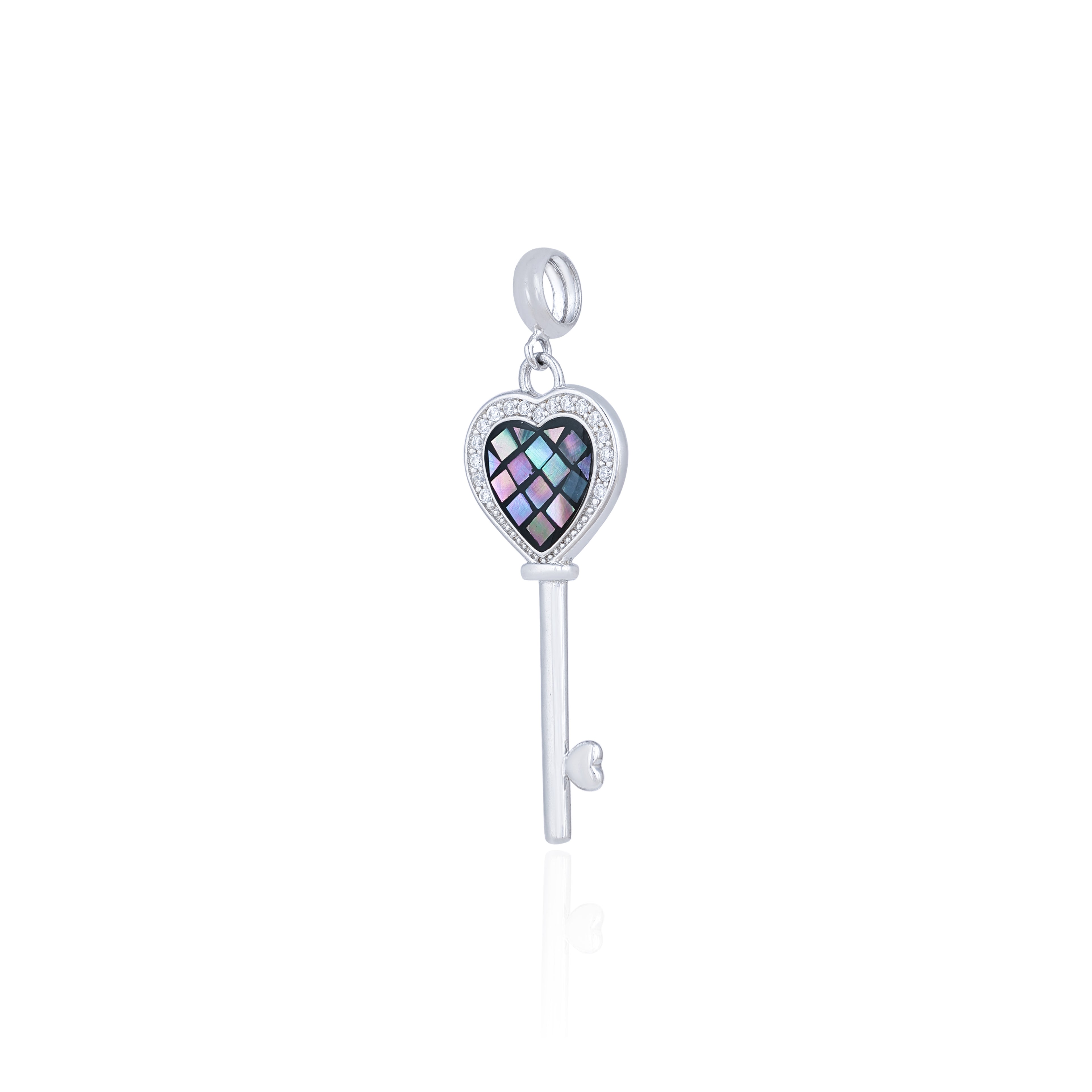 Silver key-shaped charm with a heart-shaped keyhole on a white background
