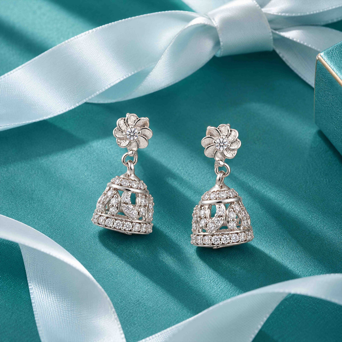 Crystal Jhumka Floral Sterling Silver Earring