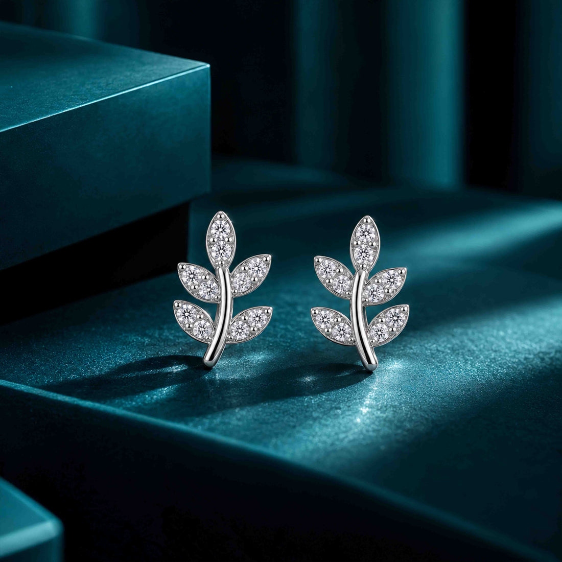 Crystal Leaf Sterling Silver Studs