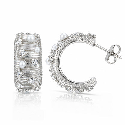 Crystal Pearl Harmony 925 Sterling Silver Hoop Earrings