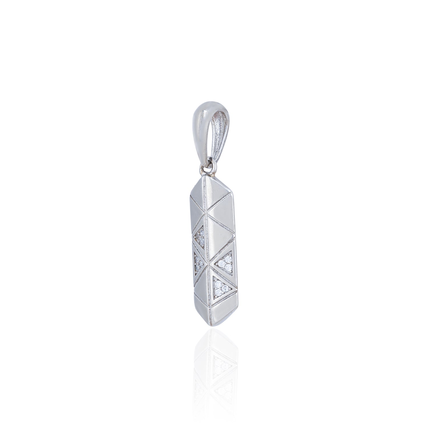 Silver pendant with geometric design on a white background