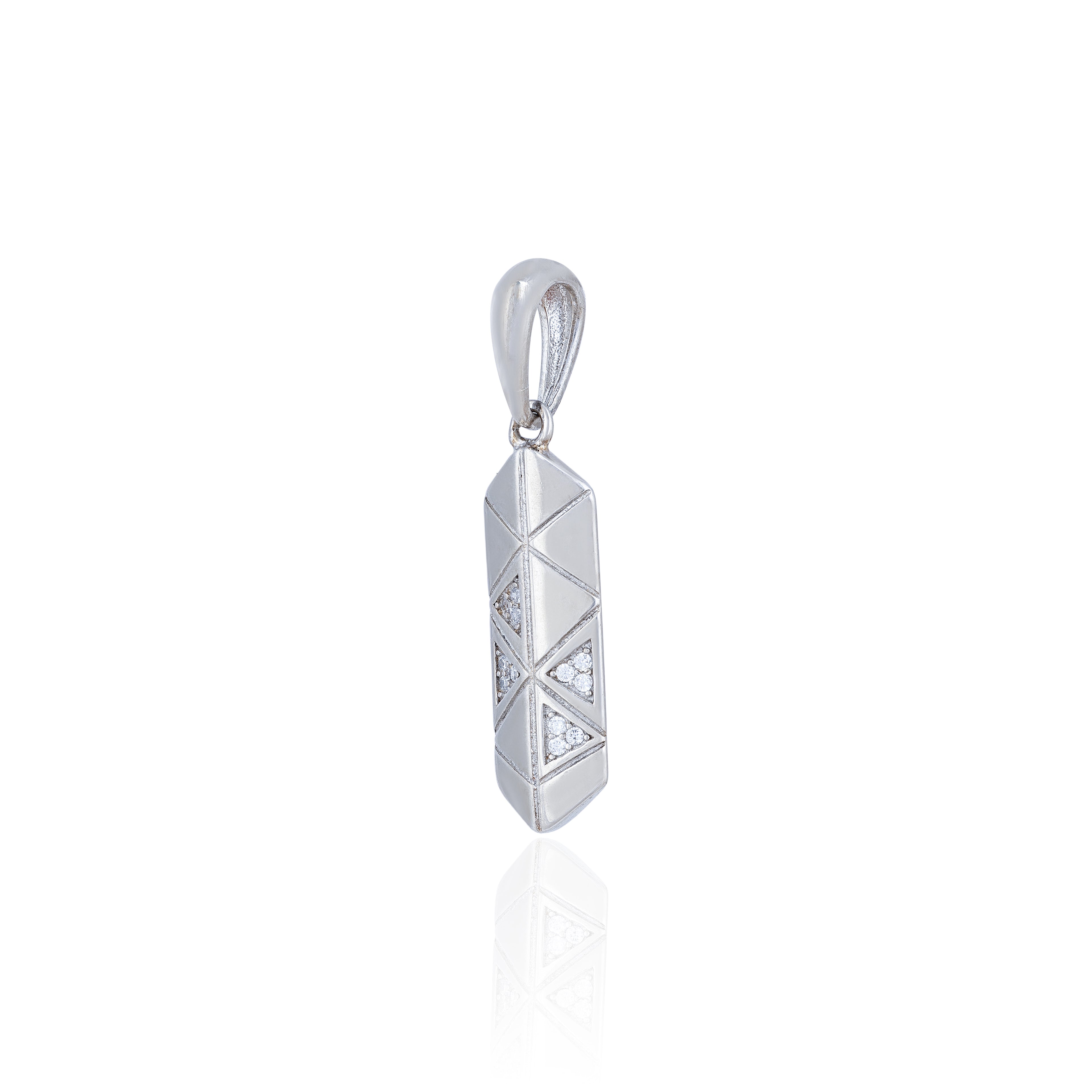 Silver pendant with geometric design on a white background
