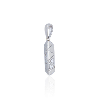 Silver pendant with geometric design on a white background