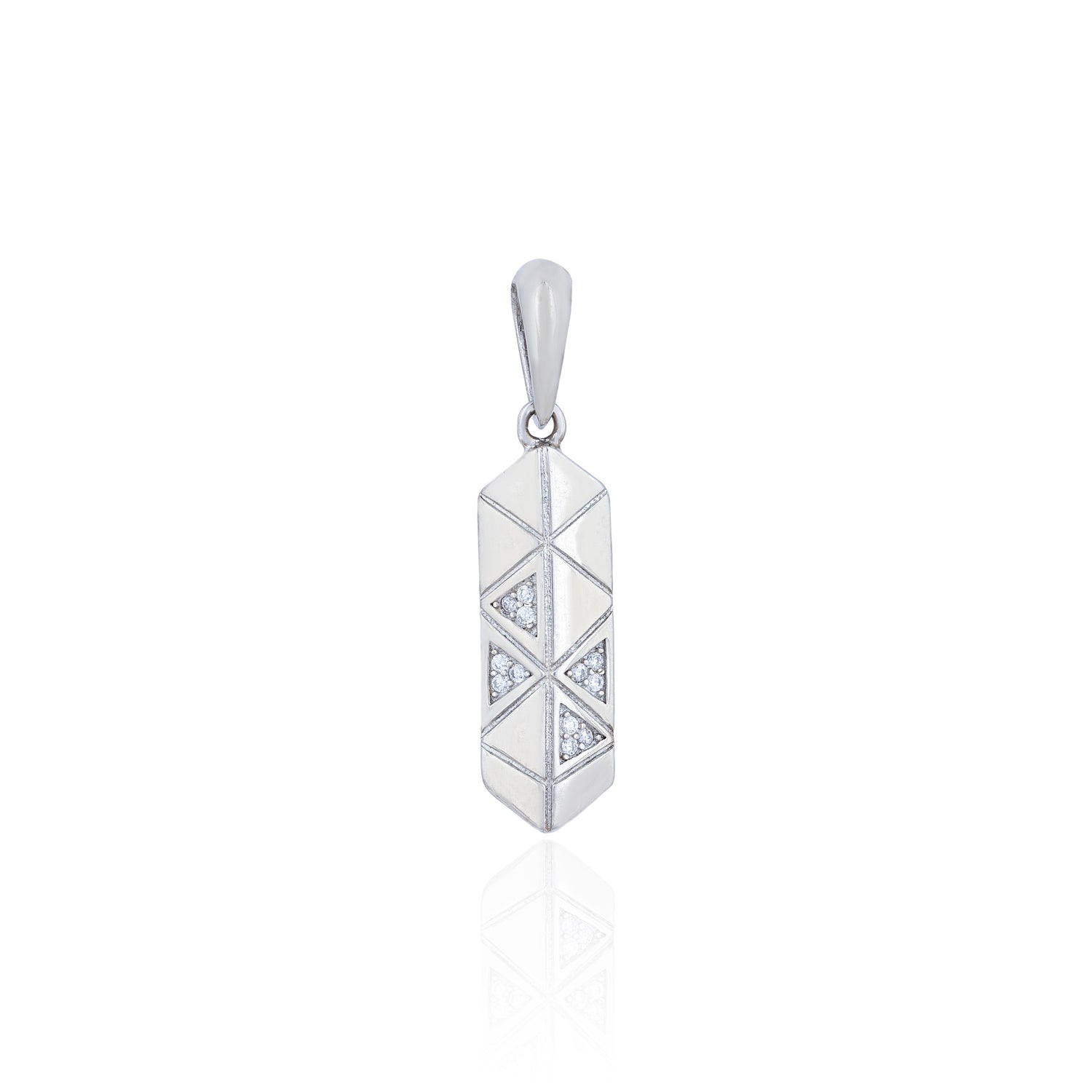 Silver pendant with geometric design on a white background